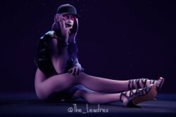 1girls 3d black_lipstick blender bottomless cap clothed clothing dusk_(fortnite) epic_games female female_focus female_only fortnite fortnite:_battle_royale glowing glowing_eyes grey_body grey_hair grey_skin half-dressed half_naked headwear high_heels highres jacket lewdrex lipstick long_hair pink_eyes purple_eyes simple_background sitting solo solo_focus topwear watermark