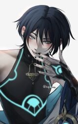 blue_eyes blue_hair blush clothed fluids genshin_impact hand_on_mouth kiyonvmi looking_at_viewer male_with_painted_nails open_mouth painted_nails scaramouche_(genshin_impact) short_hair smile solo solo_focus solo_male wanderer