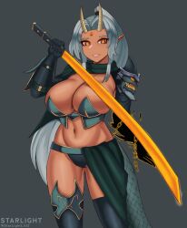 1girls adventurequest_worlds aqw aqworlds artist_request artix_entertainment cleavage female horns huge_breasts katana large_breasts monster_girl original_character pointy_ears skimpy_armor skimpy_clothes smile solo sword yellow_eyes