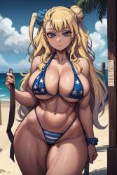 1girls abs ai_generated american_flag_bikini beach big_breasts bikini blonde_hair blue_eyes breasts cleavage curvaceous curvy_female curvy_figure feet_out_of_frame female female_focus female_only galko hair_bun hair_ornament holding_object light-skinned_female light_skin long_hair looking_at_viewer muscular_arms muscular_female oshiete!_galko-chan outdoors sand standing swimsuit thick thick_thighs toned_female tree voluptuous voluptuous_female water wide_hips