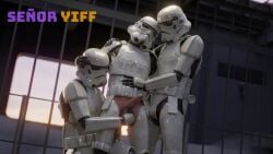 3boys armor clothed clothing dissenter3d erection gay group group_sex make male_focus male_only no_visible_face partially_clothed penis soldier star_wars stormtrooper threesome undressing unseen_male_face white_body yaoi