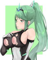 big_breasts black_clothing bodysuit breasts green_eyes green_hair j@ck large_breasts nintendo nipple_cutout pneuma_(xenoblade) ponytail tight_clothing xenoblade_(series) xenoblade_chronicles_2