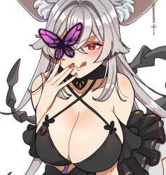 1girls animal_ears breasts cleavage clothed clothing eye_patch female female_only fennec_ears fennec_girl fox_ears fox_girl grey_hair htm_0215_(ninida) huge_breasts indie_virtual_youtuber licking_lips light-skinned_female light_skin moth_eyepatch one_eye_obstructed red_eye red_nails simple_background solo virtual_youtuber white_background yuri_fennerine