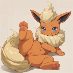 1girls ai_generated blue_eyes blush blush_lines cream_fur cream_hair cute eeveelution female female_only feral feral_only flareon fluffy fluffy_tail generation_1_pokemon looking_at_viewer mengxi navel neck_fluff orange_body orange_fur pawpads paws pokémon_(species) pokemon pokemon_(species) pokemon_rgby presenting presenting_pussy pussy simple_background spread_legs tail