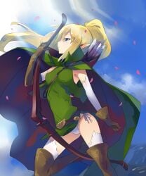 1girl 1girls alleria_swiftwind arrow_(projectile) blonde_hair blue_eyes boots bow_(weapon) brown_boots commentary_request elf elf_ears elf_female female_only gloves holding ironhide_game_studio kingdom_rush leather_gloves long_hair panties pantyshot petals photoshop_(medium) pointy_ears ponytail solo thigh_boots thighs underwear usatsuka_eiji weapon