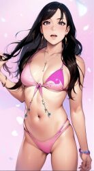 ai_generated amazed big_breasts bikini black_hair blush bracelet busty earrings half-dressed jewelry jewels necklace pale_skin pink_bikini standing