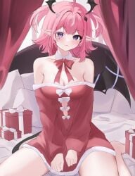 ahoge bare_shoulders bow breasts camila_(vtuber) cleavage demon_girl demon_tail detached_collar dress female gift indie_virtual_youtuber looking_at_viewer marking_below_eyes medium_breasts medium_hair pillow pink_hair pointy_ears purple_eyes santa_costume sitting solo succubus tail virtual_youtuber wings