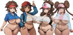 4girls ai_generated areola_slip areolae bag baseball_cap big_breasts black_thong blue_eyes bottomless breasts brown_eyes brown_hair collarbone creamballz female female_only genderswap_(mtf) hand_sign headwear hilbert_(pokemon) hilda_(pokemon) huge_areolae huge_breasts jacket large_areolae large_breasts lineup long_hair long_sleeves looking_at_viewer multiple_girls mystical_(style) nate_(pokemon) navel no_pants panties pokemon pokemon_bw pokemon_bw2 ponytail rosa_(pokemon) rule_63 shirt short_hair short_sleeves sidelocks tan thick_thighs thighs thong toned twintails underboob vest visor_cap white_background wide_hips