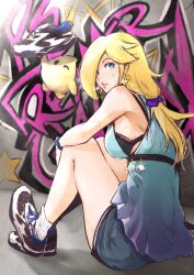 1girls black_bra blonde_hair blue_dress blue_eyes bra breasts denim_shorts dress earrings graffiti graffiti_on_wall hair_over_one_eye hair_scrunchie large_breasts long_hair looking_at_viewer luma mario_(series) nintendo princess_rosalina scrunchie shorts star_earrings tennis_shoes vialnite wrist_scrunchie