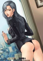 1girls against_window black_bra black_panties bra bra_lift breasts earrings grey_hair large_breasts long_hair looking_at_viewer nipples no_pants otk_king painted_fingernails panties persona persona_5 red_eyes sae_niijima suit window