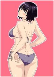 adjusting_clothes adjusting_swimsuit ass back bikini black_hair blue_eyes breasts butt_crack commentary_request dimples_of_venus female fubuki_(one-punch_man) jyura large_breasts looking_back one-punch_man purple_bikini short_hair side-tie_bikini_bottom solo swimsuit underboob