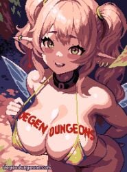 1girls bikini blush body_writing breasts cleavage degen_dungeons ear_piercings faerie_(degen_dungeons) fairy fairy_wings female female_only green_eyes huge_breasts light-skinned_female light_skin lux_(thisislux) outside piercings pink_hair pixel_art pointy_ears solo swimsuit twintails url wings writing_on_breasts