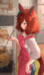 1girls apron breasts brown_hair chorefuji cooking_pot grey_eyes holding_ladle horse_ears horse_girl horse_tail housewife jeans kitchen kitchen_counter kitchen_utensils ladle medium_breasts nice_nature_(umamusume) pot refrigerator shirt stove twintails umamusume wedding_ring white_shirt