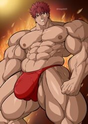 1boy abs artist_name biceps big_muscles bodybuilder brown_eyes brown_hair emiya_shirou fate/stay_night fate_(series) fire haugwitz95 looking_at_viewer muscular muscular_arms muscular_legs muscular_male muscular_thighs nipples pecs penis penis_under_clothes posing smile smiling_at_viewer solo solo_focus solo_male speedo tagme topless topless_male twitter_username