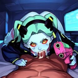 1boy 1girls ai_generated all_fours at_gunpoint bare_ass blowjob bottomless cum cum_in_mouth cute cyberpunk:_edgerunners david_martinez_(edgerunners) deep_blowjob deepthroat eye_contact fellatio female femdom gun gunpoint holding_gun indoors lying_on_person novelai on_bed oral petite pointing_at_viewer pov rebecca_(edgerunners) reverse_forced_oral reverse_rape self_upload skinny slim somethingweird tagme teenager threatening twintails