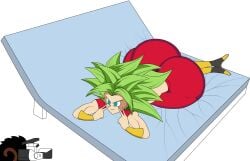 1girls ass big_ass big_butt blue_eyes camera destruction dragon_ball dragon_ball_super female green_hair huge_ass kefla large_ass legendary_super_saiyan lying_down lying_on_stomach peace_sign posing red_pants saiyan saiyashota super_saiyan tagme thick_ass