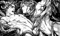 2boys bara battle_tendency braincurry dubious_consent feathers gay greyscale jojo's_bizarre_adventure joseph_joestar kars male male_only malesub manly monochrome monster_boy multiple_boys muscles muscular muscular_male nude open_mouth penis questionable_consent restrained tentacle tentacle_on_male tentaclejob tentacles tied_up urethral wings yaoi