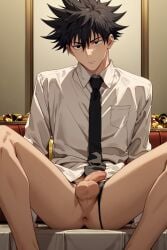 1boy ai_generated anus balls bottomless erect_penis fushiguro_megumi gay jujutsu_kaisen male male_anus male_only presenting presenting_anus solo_male thong thong_aside yaoi