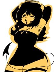 ) alice_angel angel arms_behind_head bendy_and_the_ink_machine big_breasts black_dress cartoon cartoon_milf cartoony daemui_(artist) devil_horns devil_tail halo horns sepia thick_thighs wide_hips yellow_skin