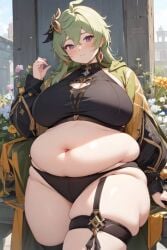 1female 1girls ai_generated bbw belly big_belly breasts chubby chubby_female collei_(genshin_impact) exposed_belly exposed_belly_button exposed_fat_belly fat fat_female fat_girl fat_woman female female_focus female_only genshin_impact green_hair green_hair_female hoyoverse light-skinned_female light_skin mihoyo mihoyo_technology_(shanghai)_co._ltd. obese obese_female overweight overweight_female solo solo_female solo_focus sumeru_girls thick_thighs thighs wide_hips