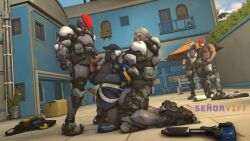 3d armor blowjob dissenter3d dwarf gay male_focus male_only overwatch overwatch_2 reinhardt size_difference talon_(overwatch) talon_trooper torbjörn yaoi