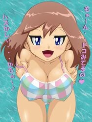 bikini blue_eyes blush breast_hold breasts brown_hair check_translation cleavage crossed_arms erect_nipples fat_mons female female_only flat_gaze huge_breasts human human_only large_breasts leaning_forward lupus may_(pokemon) naughty_face nintendo pokemon smile solo solo_female strap_slip swimsuit text translation_request undressing