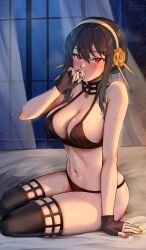 1girls bikini black_hair breasts cleavage female foxy_rain_(foxyreine) foxyrain foxyrain_(foxyreine) foxyreine hi_res huge_breasts light-skinned_female light_skin long_hair red_eyes sitting spy_x_family thick_thighs yor_briar yor_forger