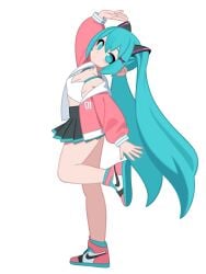 aqua_eyes aqua_hair aqua_nails crop_top female hatsune_miku highres hochihochiha hochihochihavocaloid jacket lifting_leg long_hair looking_at_viewer pink_jacket simple_background skirt sneakers solo twintails white_background