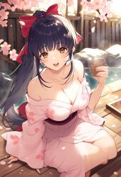 1girls ai_generated big_breasts blue_hair breasts brown_eyes busty cleavage female female_only hair_ribbon hi_res japanese_clothes kimono large_breasts looking_at_viewer onsen ponytail sakura_shinguji sakura_wars sega smile solo voluptuous