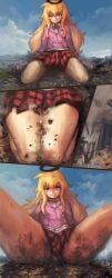 1girls blonde_hair city destruction gabriel_dropout gabriel_tenma_white giantess long_hair skirt thighs yilx