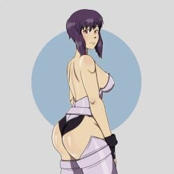 ass back breasts cyborg female ghost_in_the_shell kusanagi_motoko looking_at_viewer pinup_(style) purple_hair solo