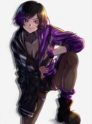 1girls athletic_female black_and_purple_hair black_hair boots breasts choker cleavage commentary_request female fingerless_gloves fit_female gloves hand_in_pocket highres jacket looking_at_viewer medium_breasts multicolored_hair namco ponii purple_eyes reina_mishima rynneponi shadow short_hair smile solo tekken tekken_8 two-tone_hair