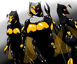 3girls arthropod ass big_breasts black_penis black_skin breasts female futanari glowing_eyes grin hair insect insects intersex large_breasts light mandibles muscles muscular_futanari nipples penis red_eyes smile wasp wings