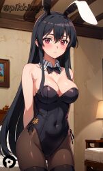 ai_generated akame_(akame_ga_kill!) akame_ga_kill! animal_ears arms_behind_back bare_shoulders black_bow black_bowtie black_hair black_leotard blush bow bowtie breasts cleavage covered_navel cowboy_shot detached_collar fake_animal_ears female indoors large_breasts leotard long_hair looking_at_viewer pantyhose pikkiwynn playboy_bunny rabbit_ears red_eyes solo strapless strapless_leotard thighhighs