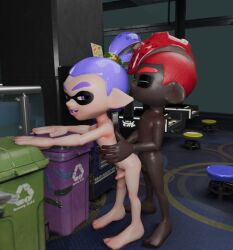 3d anal anal_sex barefoot bent_over blender blue_hair dark-skinned_male gay inkling inkling_boy interracial john_(splatoon) leaning_forward looking_back male_only nude octoling octoling_boy public public_nudity red_hair small_penis splatoon splatoon_3 yaoi