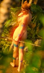 3d 3d_(artwork) 3d_model aloy alternate_breast_size alternate_hairstyle blue_paint gold_weapon guerilla_games horizon_forbidden_west horizon_zero_dawn jungle lingerie lingerie_on_feral lingerie_only looking_down partially_clothed partially_clothed_female partially_nude partially_nude_female red_hair seductive seductive_look spear steffih_daz tribal tribal_markings tribal_paint walking