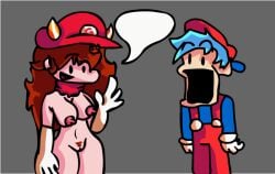 1boy1girl 2d blue_hair boner_in_pants boyfriend_(friday_night_funkin) breasts breasts_out brown_hair flabbergasted friday_night_funkin friday_night_funkin_mod girlfriend_(friday_night_funkin) mario_(series) mario_girlfriend_(fnf) marios_madness mr._l_boyfriend_fnf?!?! pussy self_upload suprised_look vagina