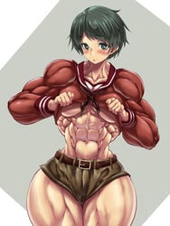 abs breasts extreme_muscles highres mogami muscle purukogi_(plasma_beach) simple_background