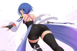 1girls aqua_(kingdom_hearts) ass ass_focus big_ass blue_eyes blue_hair blue_skirt blush blush_lines breasts butt_crack clothed clothing color colored female female_only female_solo from_behind from_behind_angle hips human keyblade kingdom_hearts kingdom_hearts_birth_by_sleep kuroonehalf looking_at_viewer looking_back metal_shoes open_mouth perspective perspective_shot shaded short_hair skirt small_breasts small_hips solo solo_focus tagme thick_thighs thighhighs thighs tight_clothing tight_shorts