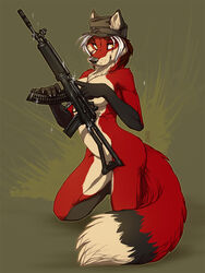 5_fingers anthro beige_fur black_fur brown_hair canine claws clitoris color female female_only fox fuckie fur furry furry_ears furry_tail gun hair hat holding holding_gun kneeling looking_aside looking_at_viewer mammal nude open_eyes orange_eyes pointy_ears pussy ranged_weapon red_fur smile solo tail weapon white_hair