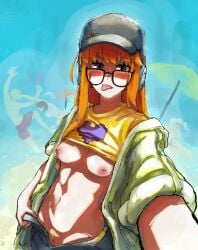 1girls abs atlus blush breasts breasts_out exposed_breasts female female_focus female_only glasses hat headphones jacket looking_at_viewer open_pants orange_hair pants_open persona persona_5 pink_nipples rikodamu sakura_futaba selfie shirt_lift shirt_up solo_focus tagme tongue tongue_out unzipped unzipped_pants yellow_shirt