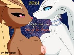 anthro areola artmaphoxy big_breasts black_sclera blue_eyes blue_sclera breasts brown_body brown_fur dragon eyebrows female female/female female_dragon female_pokemon fur furred_dragon furry generation_4_pokemon generation_5_pokemon hair holidays lagomorph legendary_pokemon leporid lopunny mammal new_year new_year_2024 nintendo nipples non-human_areolae pink_eyes pokémon_(species) pokemon pokemon_(species) rabbit reshiram scalie smile tan_body tan_fur white_body white_fur white_hair