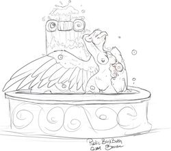 1girls avian bathing beak bird_bath birdbath black_and_white breasts cleft_of_venus female gryphon medium_breasts monochrome nipple_piercing nipples nude oli_snowpaw piercing pussy simple_background sketch smile solo uncensored white_background wings