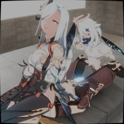 1boy 1boy1girl 1girls aether_(genshin_impact) ass b-banto black_cape blonde_hair blue_scarf brown_gloves brown_legwear brown_pants cunnilingus dominant dominant_female domination face_in_ass facesitting facesitting_female female femdom floating genshin_impact hair hair_between_eyes hair_ornament halo hand_on_thigh highres long_hair paimon_(genshin_impact) reverse_rape reverse_ryona self_upload shenhe_(genshin_impact) sitting sitting_on_face sitting_on_person smothered smothering smothering_ass submissive submissive_male suffocation white_eyes white_hair