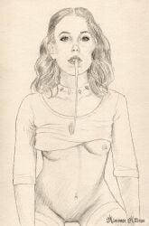 1girls actress after_fellatio almoner_atticus celeb cum cum_in_mouth female millie_bobby_brown necklace nude shirt_lift sketch small_breasts solo solo_female