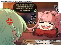 1boy 1girls anger_vein byleth_(fire_emblem) byleth_(fire_emblem)_(male) cat_ears catgirl dialogue drool english_text fangs female female_focus fire_emblem fire_emblem:_three_houses funny green_hair hilda_valentine_goneril kinkymation male nintendo open_mouth pink_hair sleeping smile speech_bubble text_box