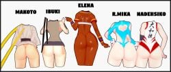 5girls amanwithnoplan ass big_ass bottomless capcom elena_(street_fighter) huge_ass ibuki_(street_fighter) makoto_(street_fighter) mika_nanakawa multiple_girls rainbow_mika street_fighter street_fighter_alpha street_fighter_alpha_2 street_fighter_alpha_3 street_fighter_iii street_fighter_iii:_3rd_strike street_fighter_iii_(series) street_fighter_v take_your_pick thong thong_leotard white_background yamato_nadeshiko yamato_nadeshiko_(street_fighter)