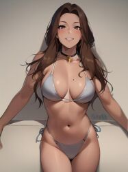 1girls against_wall ai_generated ai_mirror belly_button bikini black_eyes blush brown_hair choker grey_bikini grey_wall half_body light_skin long_hair looking_at_viewer medium_breasts mole_on_breast smile