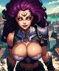 1girls ai_generated areola_slip areolae armor big_breasts breasts busty cleavage curvaceous curves curvy curvy_body curvy_female curvy_figure curvy_hips curvy_thighs darksiders darksiders_3 facing_viewer female female_focus female_only front_view fury_(darksiders) glowing_eyes large_breasts looking_at_viewer magenta_hair markings nipple_slip nipples skimpy skimpy_armor sole_female solo solo_female solo_focus tagme tagme_(artist) tattoo tattoos white_eyes