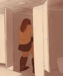 2girls bathroom bathroom_stall brown_hair clothed from_behind highres implied_futanari implied_sex kneehighs long_hair makki_(tobaccos) multiple_girls original school_uniform skirt skirt_lift stall toilet